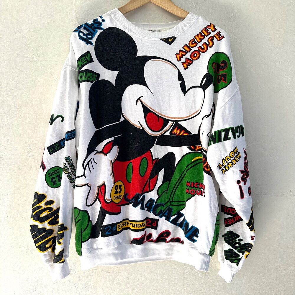 VTG Mickey and Co All Over Print Graphic Pull Over Sweater Disney Mickey Mouse